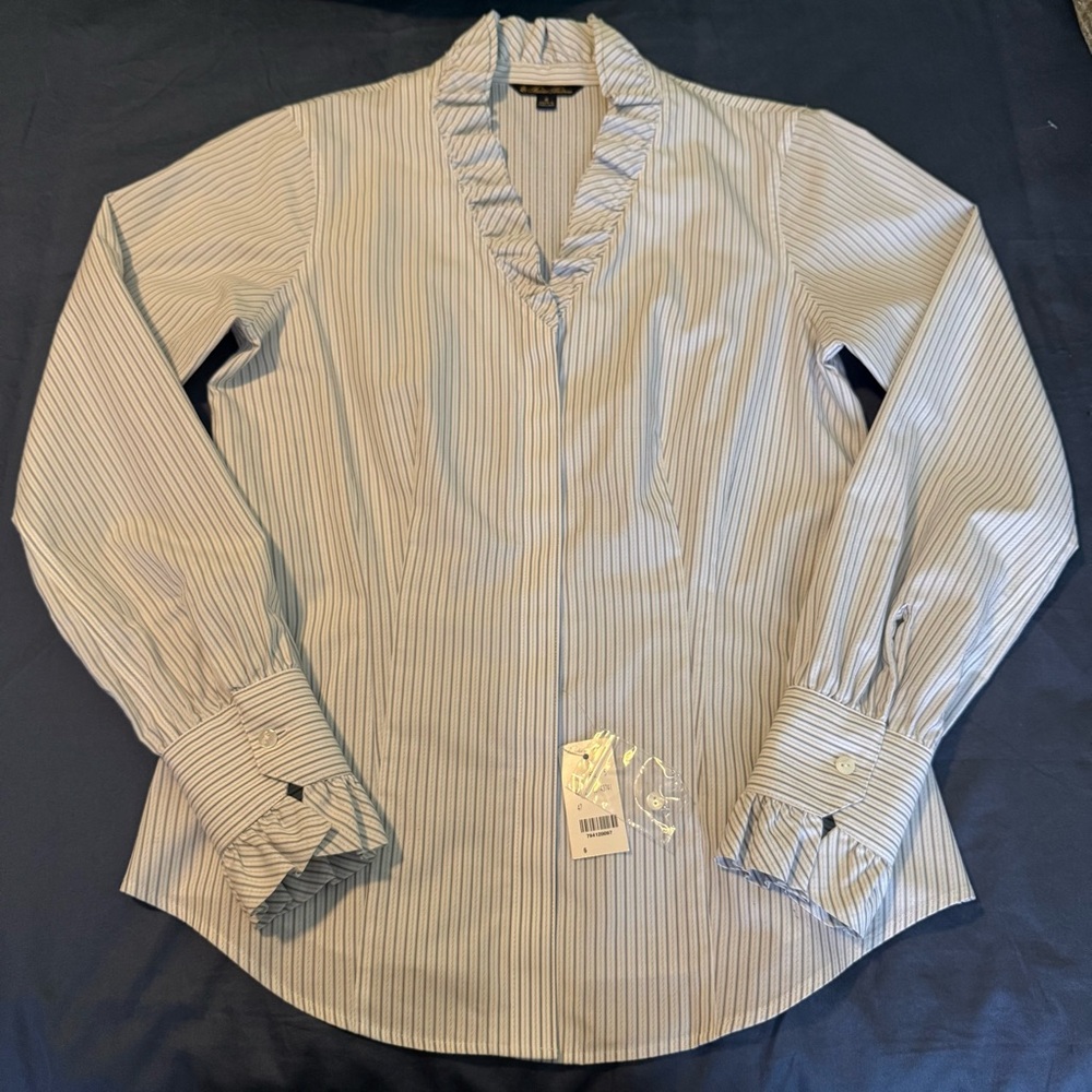 NWT Brooks Brothers White and Light Blue Pinstripe Ruffle-Neck Button Blouse 6